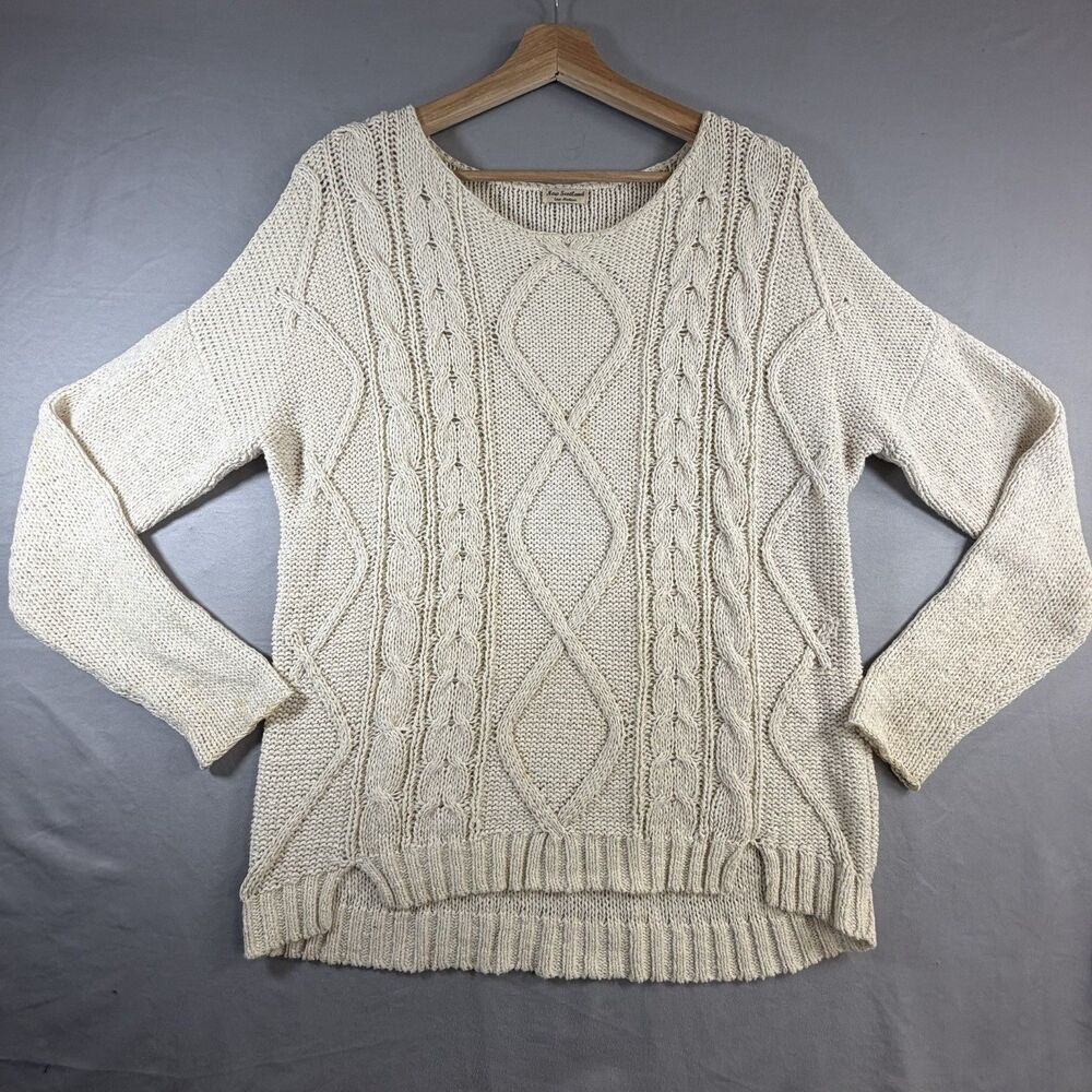 New Scotland Cream Cable Knit Pullover Sweater Women's Size M Cotton Linen Blend